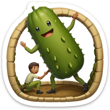 person pulling someone else dressed in a pickle costume out of a hole  sticker