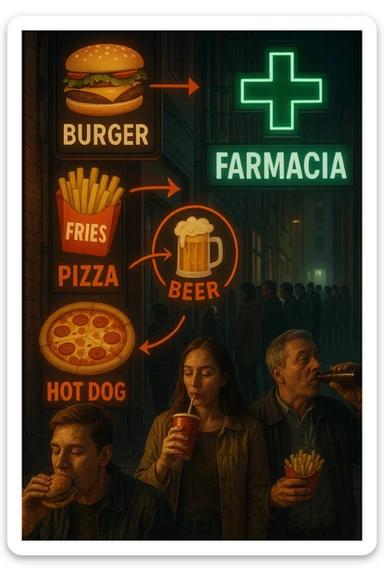 Realistic, vertical scene: a city street filled with bright, enticing advertisements for junk food and alcohol. In the foreground, people indulge in unhealthy foods and drinks, while in the background, a large pharmacy sign glows, and a line of people waits to buy medicine. Subtle arrows or visual cues connect the unhealthy choices to the need for medication, highlighting the cycle. in italiano sticker
