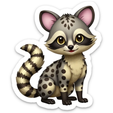 A Colorful exotic tropical tribal cute happy realistic esoteric patterned fluffy furry dark civet-cacomistle-genet-oncilla-Fakémon-fursona-hybrid-fusion-animal-creature, full body, 4-legged sticker