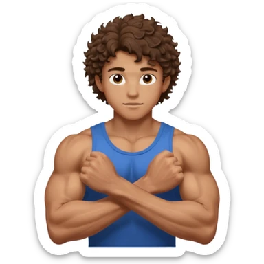 muscular teen boy with veiny hands arms and biceps. has messy curly hair with tan skintone sticker