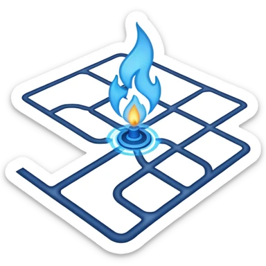 a map with a glowing blue flame on the x and networking paths sticker