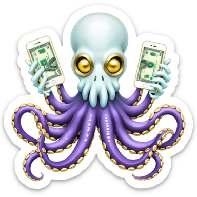 Intimidating octopus with pearl black skin, neon suction cups. Evil glaring eyes. Wearing white face mask and thick gold chain. 2 tentacles are holding their own cellphone, 2 more tentacles are holding stacks of money. sticker