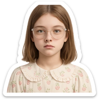 teen girl with clear glasses, shoulder length light brown hair, cute core style, neutral expression, no smile sticker