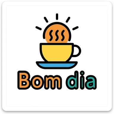 the phrase 'Bom dia' in a colorful, friendly icon style with a coffee cup or breakfast symbol sticker
