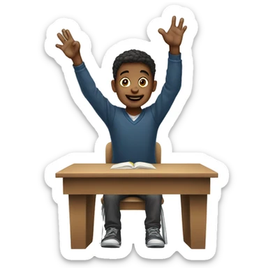 boy is sitting at school desk, hand is raised sticker