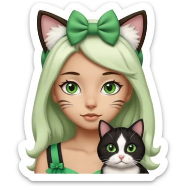 A black and white cat with green eyes she’s a girl she has a bow on her head she’s kinda fluffy  sticker