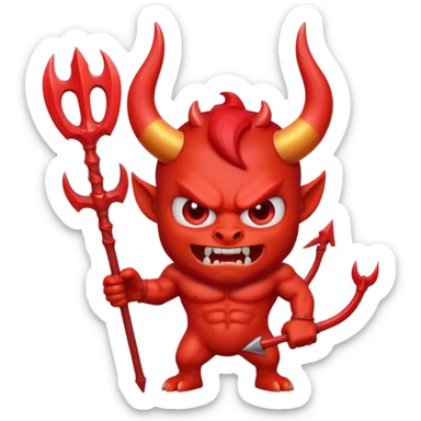 cute 3D red devil emoji, muscular cartoon devil, glossy skin, big curved horns, angry cute face, sharp teeth, holding trident, emoji style, soft lighting, smooth texture, clean background, high quality, digital art sticker