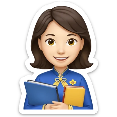 Teacher emoji but : wavy (not straight) dark brown hair, light skin, no glasses, dark eyes, with a computer folder in the hand (color is yellow), being a teacher, wearing a chinese qipao ( dark blue), smile with teeth




 sticker