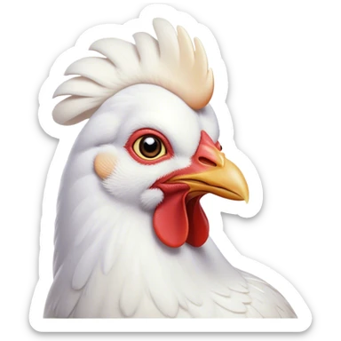 Cinematic Noble White Chicken Portrait Emoji, Poised and regal, with a compact, sturdy build and a pristine, well-groomed pure white plumage, deep-set soulful beady eyes, Simplified yet sharp and sophisticated features, highly detailed, glowing with a soft, dignified glow, high shine, intelligent and alert, stylized with an air of barnyard elegance, focused and attentive, soft glowing outline, capturing the essence of a watchful and confident fowl, so majestic it feels as though it could strut out of the screen with effortless authority! sticker