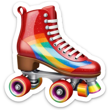 red vintage glitter roller skate with a white leather boot, rainbow stripes glitter sticker