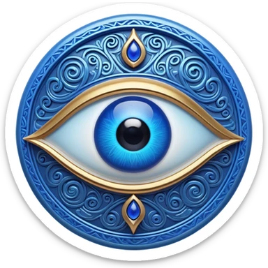 Cinematic Realistic depiction of a classic Evil Eye talisman, rendered with intricate details and vibrant blue hues, set against a soft, ethereal backdrop that underscores its protective symbolism sticker