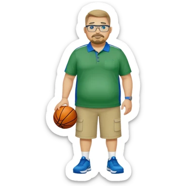  full body white obese male basketball coach with trophy. Goatee , Wearing glasses and blue and green nike polo shirt and khaki pants sticker
