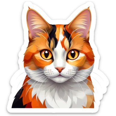 cinematic-noble-calico-cat-portrait-emoji,-poised-and-regal,-with-a-striking-patchwork-fur-in-vibrant-orange,-black,-and-white-hues premoninantly black,-delicate-whiskers-and-a-refined,-relaxed-gaze,-simplified-yet-exquisitely-detailed,-glowing sticker