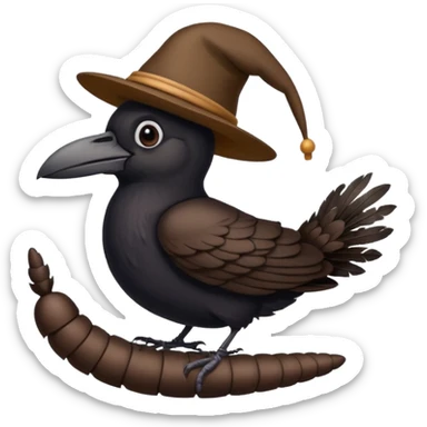 a raven wearing a funny hat, standing on a worm sticker