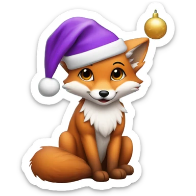 Baby fox wearing purple Santa hat sitting next to a  Christmas tree   sticker