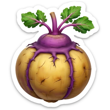 whole rutabaga root, rounded bulbous shape, rough textured skin, mottled purple beige yellow tones, trimmed stem remnants, faint root hairs, fresh earthy, soft lighting, subtle shadows, emoji scale, transparent background sticker
