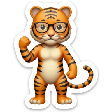 un tigre con gafas parado en dos patas con la mano en la derecha haciendo firme sticker