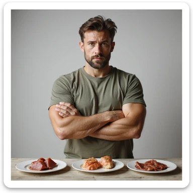 adult man refusing sushi, salami and cold cuts, annoyed look, arms crossed in front of the plates, realistic style, neutral background sticker