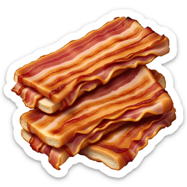 Cinematic crispy sizzling bacon, slightly curled, golden-brown with a perfect crunch, glistening with rich flavor, deep warm tones, served on a breakfast plate, comforting and indulgent. sticker