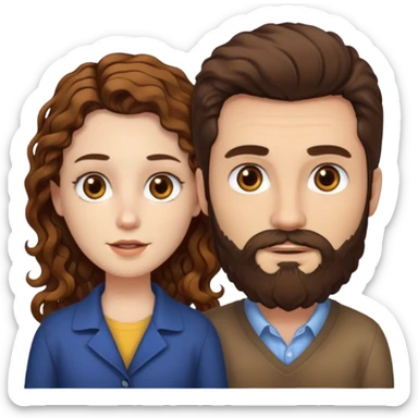 Criar Casal - Homem branco de cabelo liso e olhos marrom, com barba e mulher de pele branca cabelo cacheado marrom longo e olhos mel sticker