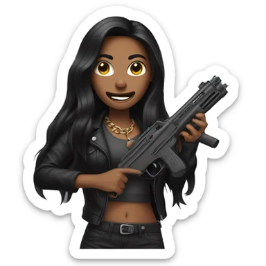 woman with long black hair and grillz holding 2 guns sticker