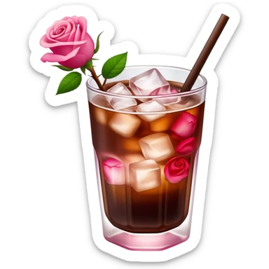 Cold brew coffee with mini roses pink red and small size mini glas cup with ice cubs sticker