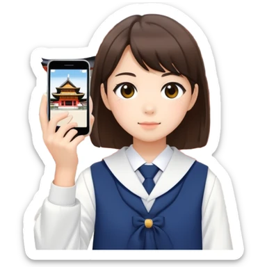 Japanese high school girl taking photos at Kyoto temple during school trip sticker