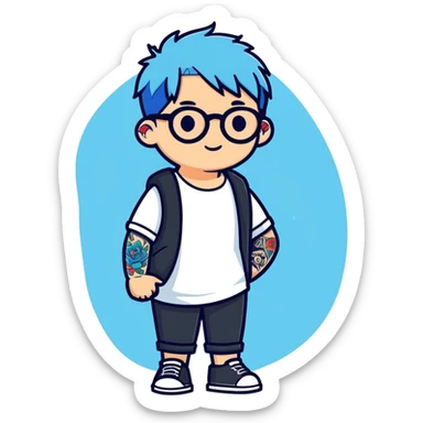 person with blue hair, glasses, and a visible tattoo, cartoon sticker style sticker