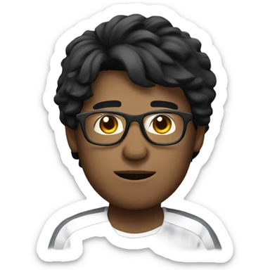 man with black hair with white streaks, glasses and laptop sticker