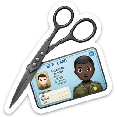 Floating black Scissors cutting an idf soldier ID card in 2 parts .hyper realistic sticker