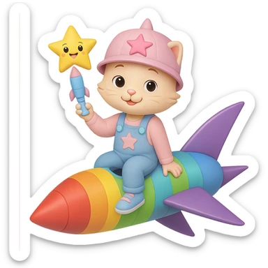 Change the rocket to a rainbow-colored rocket. Keep the sweet kitten wearing pastel blue overalls, pastel blue sneakers, and a pastel pink star hat. The kitten is sitting and smiling. Remove the background. sticker