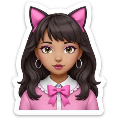 Change her clothes but keep the bow on the collar pink. Keep the silver O-ring, bangs, bold makeup, medium Hispanic skin, long dark wavy hair, and cat ears as is in apple emoji style. sticker