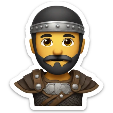 Boy with a dark mustache and beard and a Viking helmet sticker