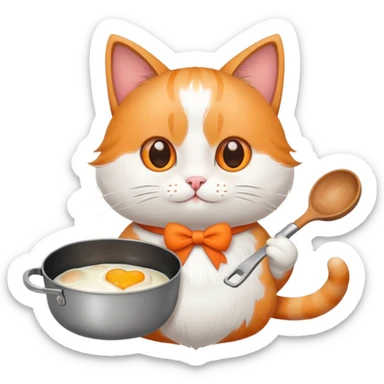 a cat holding a cooking pan with double heart-shaped egg sticker