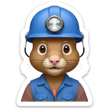 a mole rat, blue helmet, headlamp, brown worker cloth sticker