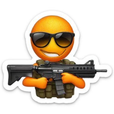 an orange with sunglasses and a machine gun sticker