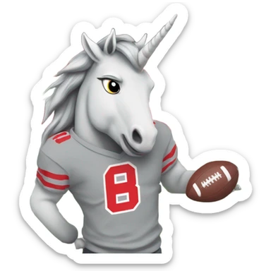 Grey happy Unicorn wearing buckeye shirt on a football field, wearing OSU state university shirt sticker