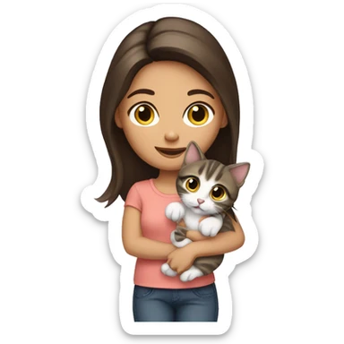 Brunette girl holding tabby kitten sticker