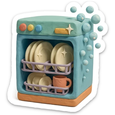 claymation style dishwasher with bubbles and sparkling plates, playful arrangement, pastel palette sticker