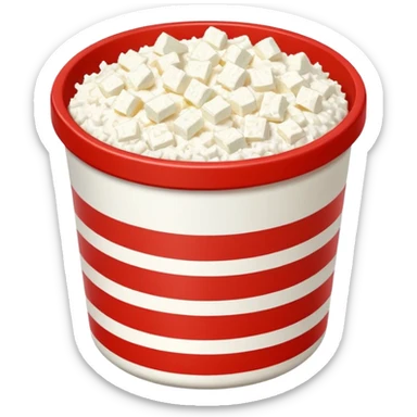 Pixel art Cottagecheese in big chunks in a small red container with a white stripe at top and bottom sticker