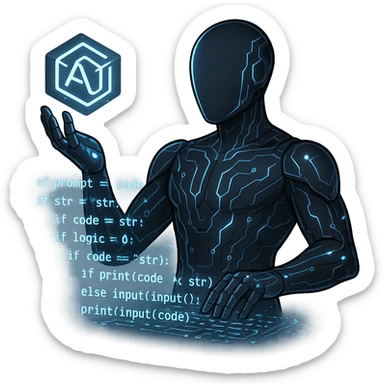 faceless figure in a sleek AI suit with glowing circuits, holding a floating cube logo in one hand and typing in mid-air with the other, building prompts from code and logic, futuristic digital style sticker