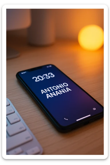 A photo of an iPhone on the desk with the message "Antonio Anania" on its screen, The phone sits atop a desk with a blurred background that suggests work environment. A faint glow from above casts gentle shadows across the surface of each object, creating depth and highlighting their textures sticker