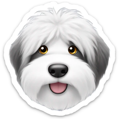 Fluffy Old English sheepdog face with the left half of his face black and the right half of his face white. White around the mouth and nose sticker