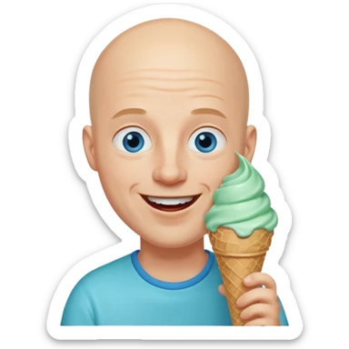 Smiling Bald man with blue eyes devouring a mint ice cream cone sticker