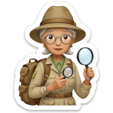 Explorer old woman with hat and magnifying glass and backpack, portrait sticker