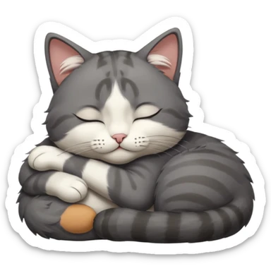 dark grey and white small cat with closed eyes, leaning his head on his paw while leaning on his elbow lying down sticker