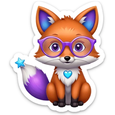 A whimsical fox with sparkling purple-blue fur, a glowing tail, a silver star on its forehead, and round glasses, with heart-shaped eyes, looking in love. 🦊😍 sticker