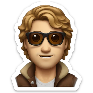 white men with a mole on the cheek, brown messy hair semi-long, wearing big sunglasses and red bandana sticker