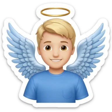 smiling boy in blue shirt with angel wings sticker
