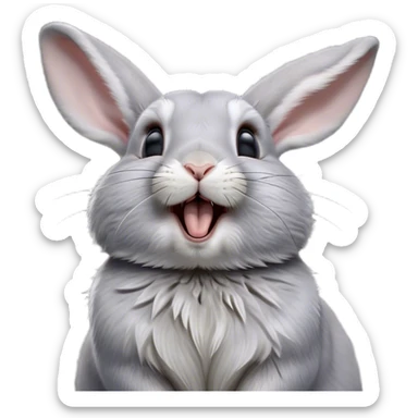 Cinematic Cute Yawning Grey Rabbit Portrait Emoji, Head tilted slightly with a dramatic, wide-open yawn, showcasing a smooth grey fur with a refined finish, floppy ears slightly drooping, round grey eyes barely open in drowsy contentment, Simplified yet irresistibly adorable features, highly detailed, glowing with a soft, cozy glow, high shine, relaxed yet expressive, stylized with a touch of whimsy, bright and endearing, soft glowing outline, capturing the essence of a sleepy yet affectionate bunny, so drowsy it feels like it could stretch out of the screen and curl up for a nap! sticker